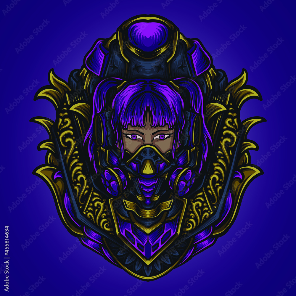 Fototapeta premium artwork illustration and t shirt design women cyberpunk with gas mask engraving ornament