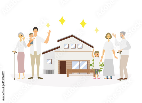 新築のマイホームと3世代家族のベクターイラスト