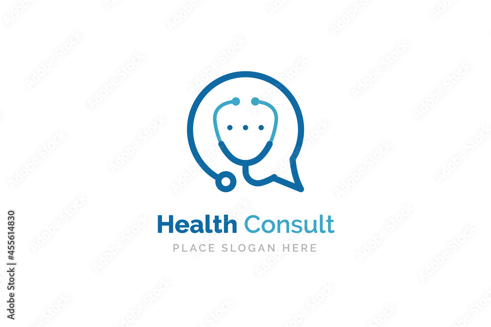 Health consult logo design template. Stethoscope isolated on bubble chat symbol.