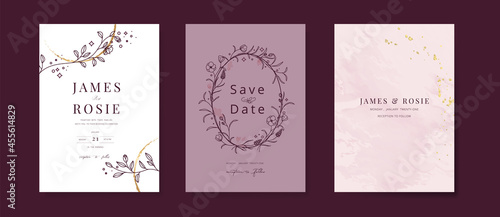 Minimal pink botanical Wedding Invitation, floral invite thank you, rsvp modern card Design in leaf and flower water color texture decorative Vector elegant rustic template