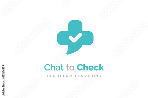 Health consult logo design template. Medical cross shape isolated on bubble chat symbol