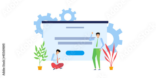 Vector illustration of the office concept business people in the flat style. E-commerce and team work business concept. online courses, distance studying, self education, digital library. 