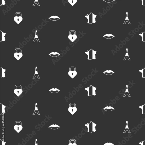 Set Map of France, Eiffel tower, Castle in the shape heart and Smiling lips on seamless pattern. Vector