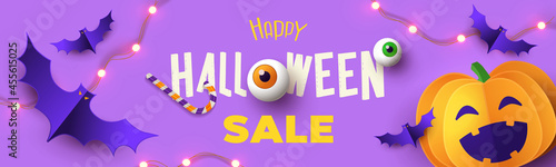 Halloween Sale Promotion banner with cutest pumpkins and bats on lilac violet background. Paper cut style, digital craft style. Halloween website Sale banner or header, horizontal poster template