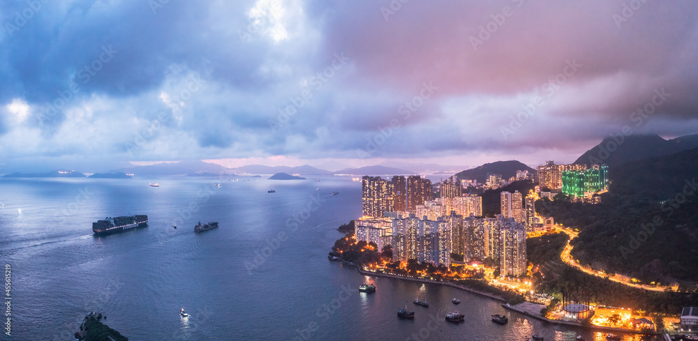 Aerial night view of Aberdeen, Hong Kong