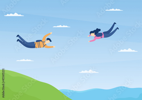 Skydive is a Type Sport of Outdoor Activity Recreation Using Parachute and High Jump in Sky Air. Cute Cartoon Background Vector Illustration