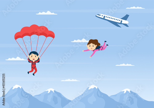 Skydive is a Type Sport of Outdoor Activity Recreation Using Parachute and High Jump in Sky Air. Cute Cartoon Background Vector Illustration