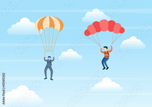 Skydive is a Type Sport of Outdoor Activity Recreation Using Parachute and High Jump in Sky Air. Cute Cartoon Background Vector Illustration