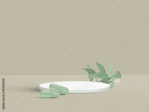 Product display mockup design, circle podium decorated with Andrographis paniculata and green capsules