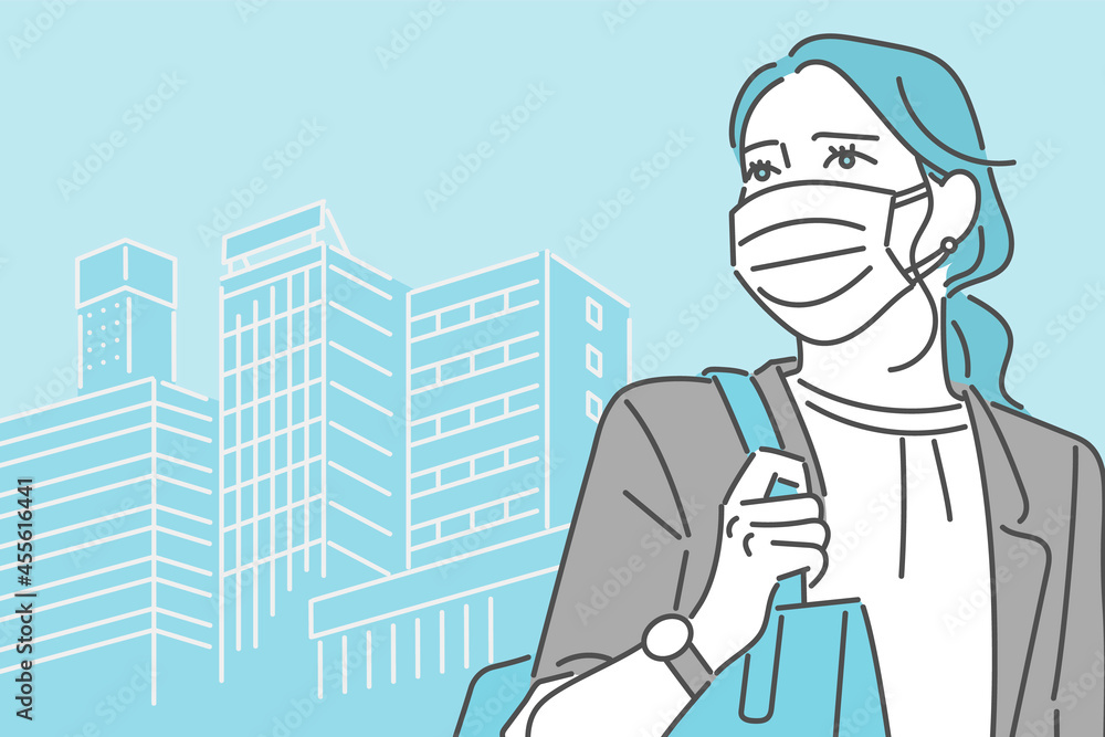 マスクを着けて都市部に出勤するビジネスパーソンの女性のイメージイラスト Stock Vector Adobe Stock