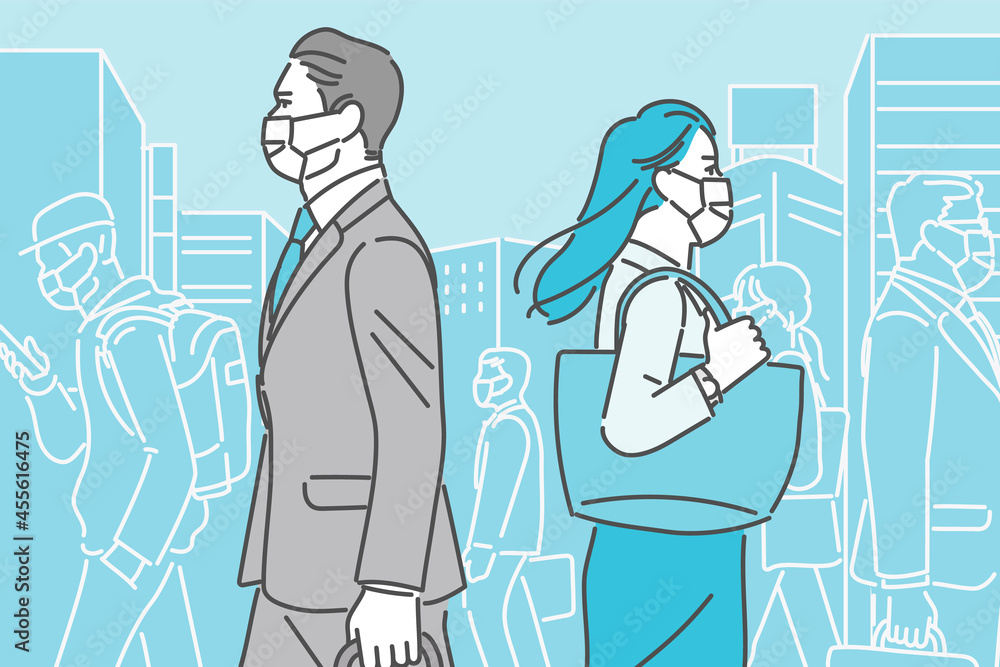 マスクを着けて人混みの中を出勤する都市部の人々のイメージイラスト素材 Stock Vector Adobe Stock