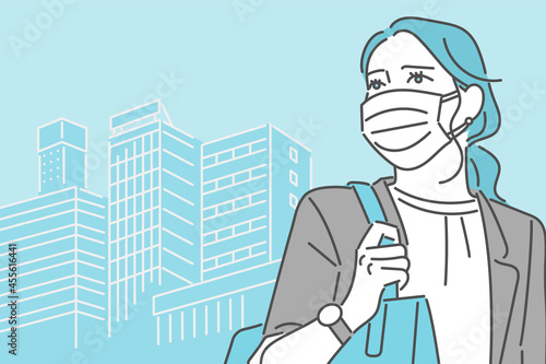 マスクを着けて都市部に出勤するビジネスパーソンの女性のイメージイラスト