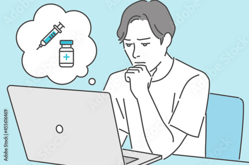 ワクチンの情報を検索している男性のイメージイラスト素材