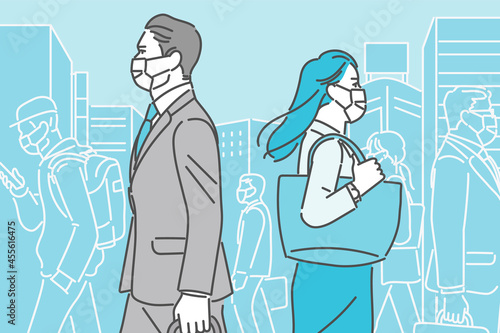 マスクを着けて人混みの中を出勤する都市部の人々のイメージイラスト素材