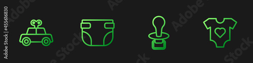 Set line Baby dummy pacifier, Toy car, diaper and clothes. Gradient color icons. Vector