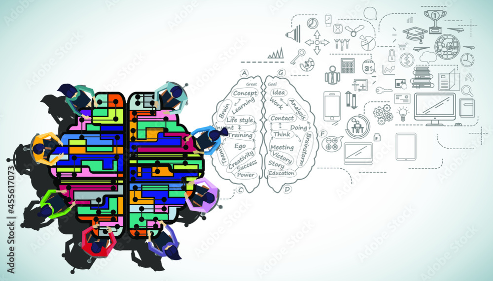 Obraz premium Businessman and woman brainstorm with brain,plan,think,search,analyze,communicate, futuristic idea innovation technology modern.vector