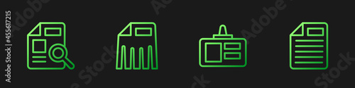 Set line Identification badge, Document with graph chart, Paper shredder and File document. Gradient color icons. Vector