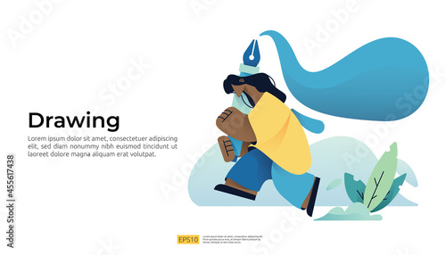 people character holding giant drawing pen. Digital designer working and artwork concept. Flat design vector illustration landing page