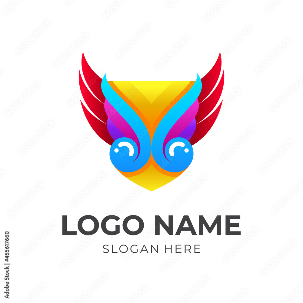 Fototapeta premium shield and wings logo design vector, 3d simple style