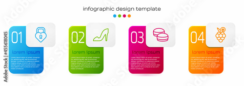 Set line Castle in the shape of heart, Woman shoe, Macaron cookie and Grape fruit. Business infographic template. Vector
