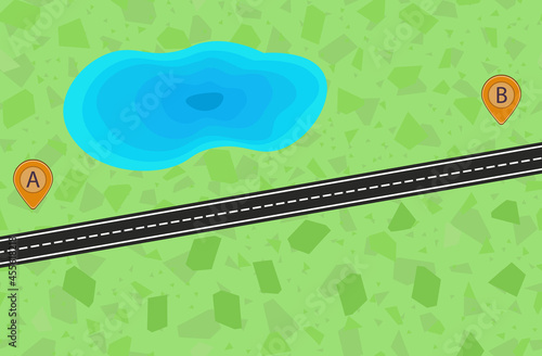Road and lake top view. Straight path or highway with markings. Smooth carriageway from point A to B. Route, street, way from a height or topography. Roadway for transport traffic with location.Vector