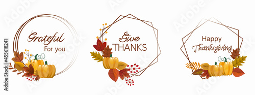 Set of Autumn round Calligraphy. Thanksgiving typography decoration with autumn leaves, berries and pumpkin. thanks message text design elements for card, poster, banner, web and design.