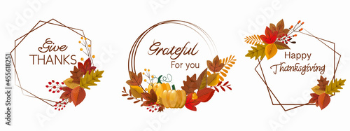 Set of Autumn round Calligraphy. Thanksgiving typography decoration with autumn leaves, berries and pumpkin. thanks message text design elements for card, poster, banner, web and design.