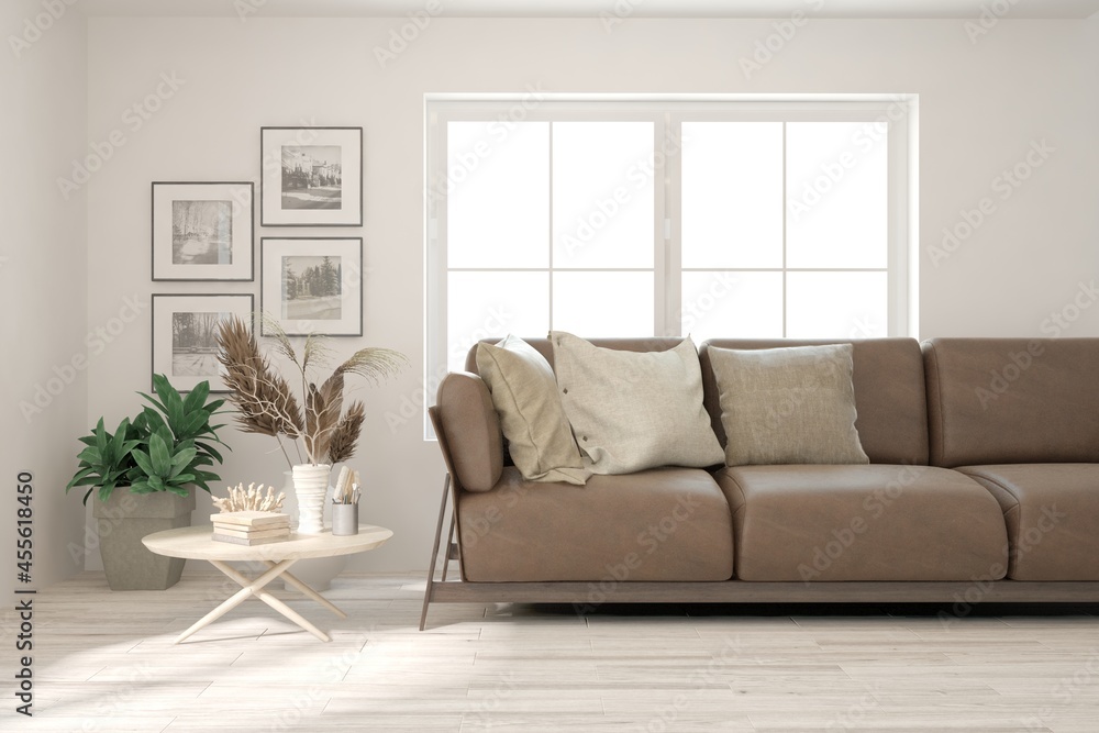 White living room with sofa. Scandinavian interior design. 3D illustration White living room with sofa. Scandinavian interior design. 3D illustration