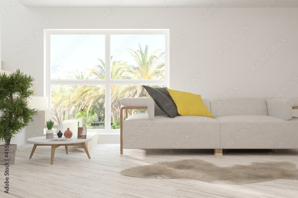 White living room with sofa and summer landscape in window. Scandinavian interior design. 3D illustration