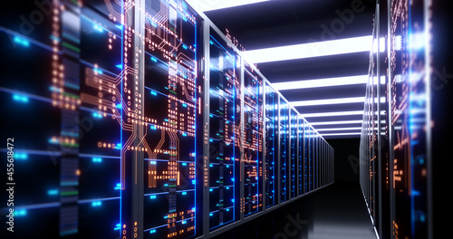 Corridor of  server room with server racks in datacenter. 3d illustration photo