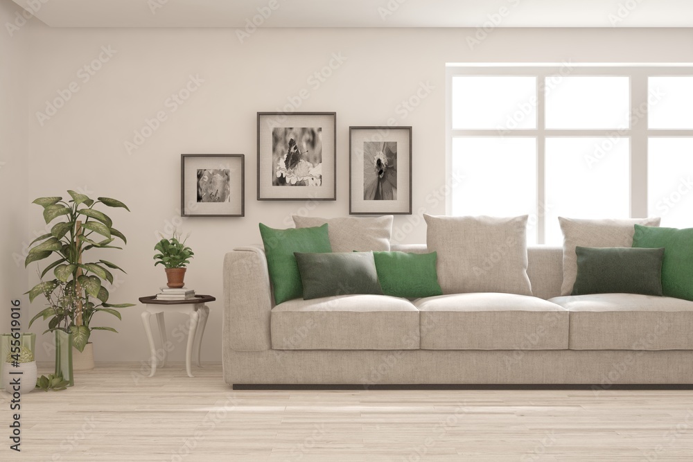 Fototapeta premium White living room with sofa. Scandinavian interior design. 3D illustration