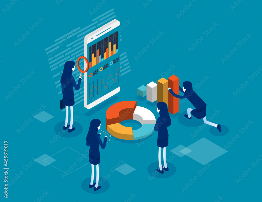 Online statistics and data analytics. Isometric application of smartphone with business graph and analytics data Online statistics and data analytics. Isometric application of smartphone with business graph and analytics data