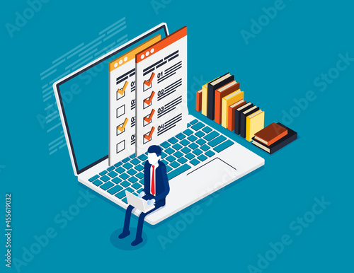 Isometric online checking. Business vector illustration concept