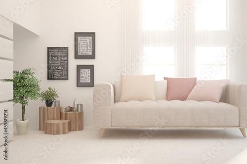 Soft color living room with sofa. Scandinavian interior design. 3D illustration