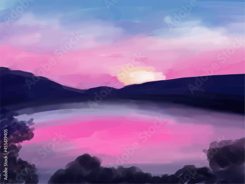 Watercolorbeautiful sunset or sunrise min the lakes