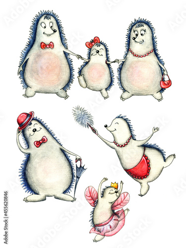 Cute hedgehog family: mother, father and daughter. All together and individually. Isolated background. Perfect for nursery patterns, cards, wallpapers, stickers and prints. 