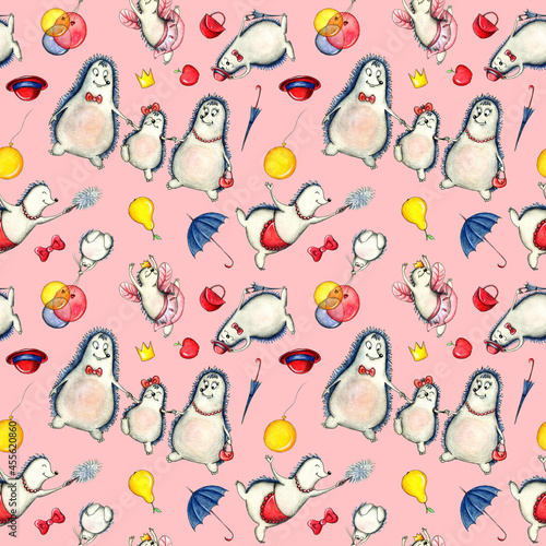 Seamless pattern: mother, father and daughter hedgehogs. Watercolor nursery pattern. Perfect for wrapping, scrapbooking, wallpaper, textile and posters.