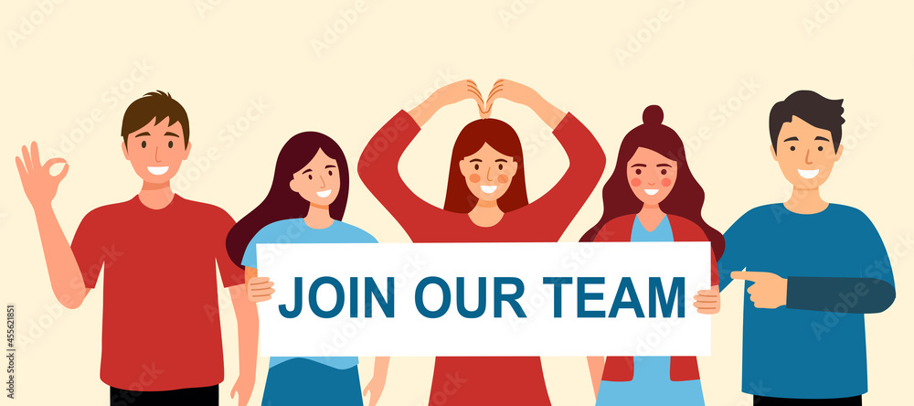 People holding sign of “join our team” in flat design. Hiring and employment concept. People holding sign of “join our team” in flat design. Hiring and employment concept.