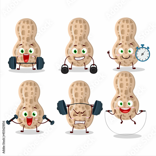 A healthy peanut cartoon style trying some tools on Fitness center