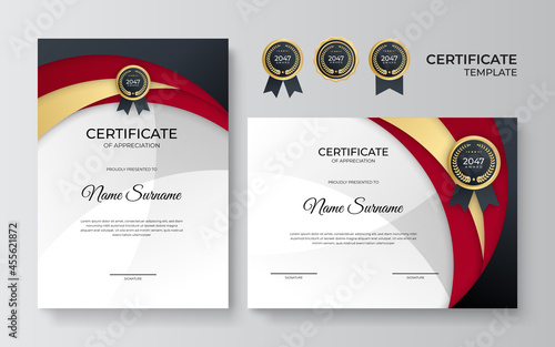Certificate of appreciation template, gold and red black color. Clean modern certificate with gold badge. Certificate border template with luxury and modern line pattern. Diploma vector template