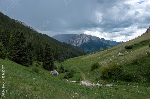 Beautiful rocky mountains with green forest on foothills with rainy clouds. Beautiful summer landscape. Komirshi gorge in Kazakhstan. Travel tourism concept.