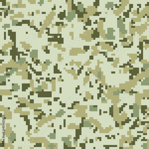 Camouflage, seamless pattern. Modern military ornament for fabric and fashion textile print, urban camo clothing style, trendy digital texture. Vector khaki green background
