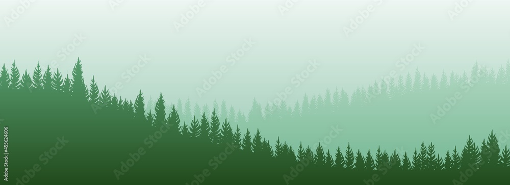 Foggy morning in coniferous forest. Silhouettes of trees. Wild hilly landscape. Pine, cedar. Landscape is horizontal. Illustration vector