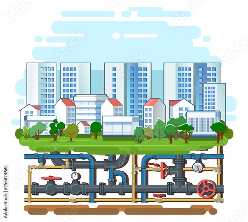 Pipeline for various purposes. Underground part of system. Town engineering communications network. Isolated Illustration vector