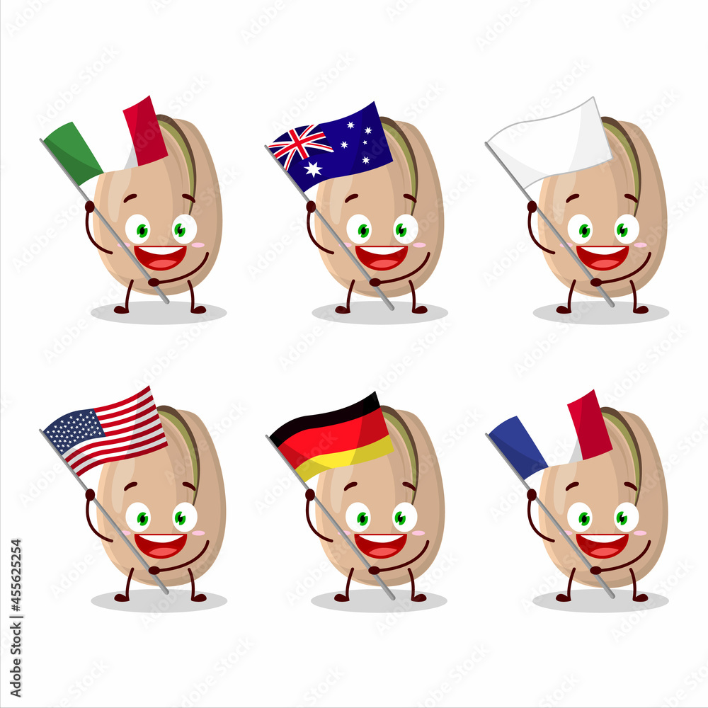 Pistachios cartoon character bring the flags of various countries Pistachios cartoon character bring the flags of various countries