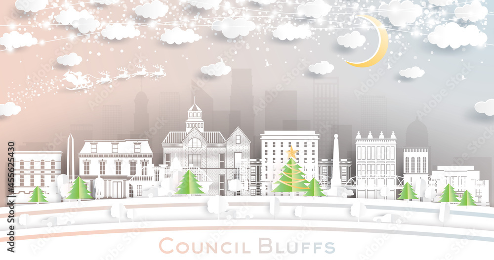 Council Bluffs Iowa City Skyline in Paper Cut Style with Snowflakes, Moon and Neon Garland.