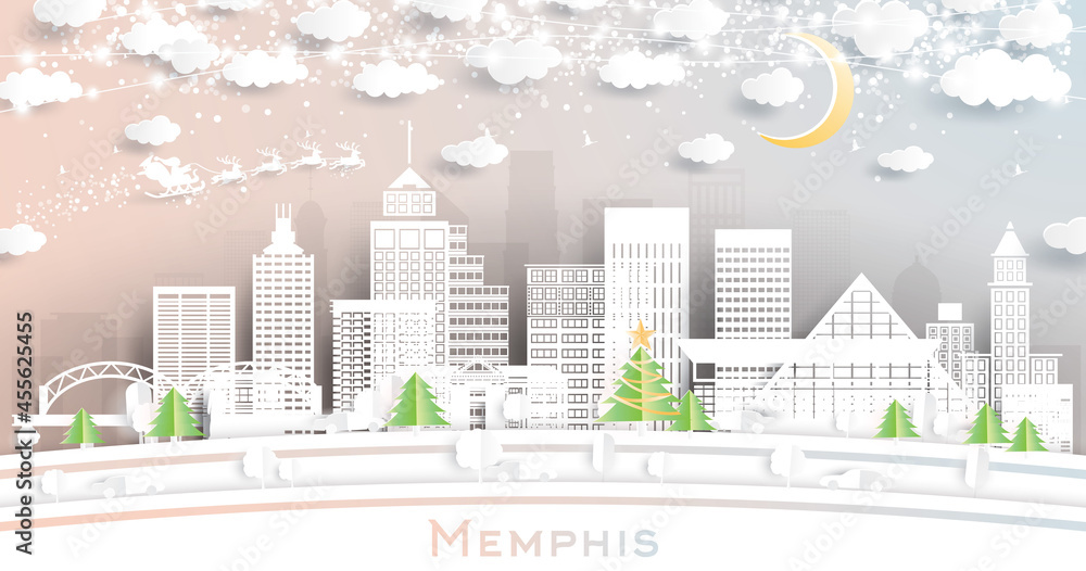 Memphis Tennessee City Skyline in Paper Cut Style with Snowflakes, Moon and Neon Garland.