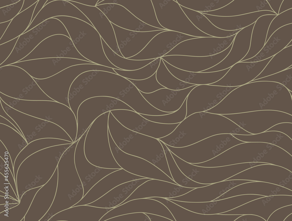 Curly waves tracery, curved lines, stylized abstract petals pattern. Seamless leaf background. Golden outline and brown texture. Organic wallpapers for printing on paper or fabric. Vector