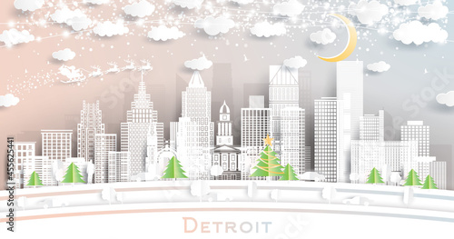 Detroit Michigan City Skyline in Paper Cut Style with Snowflakes, Moon and Neon Garland.
