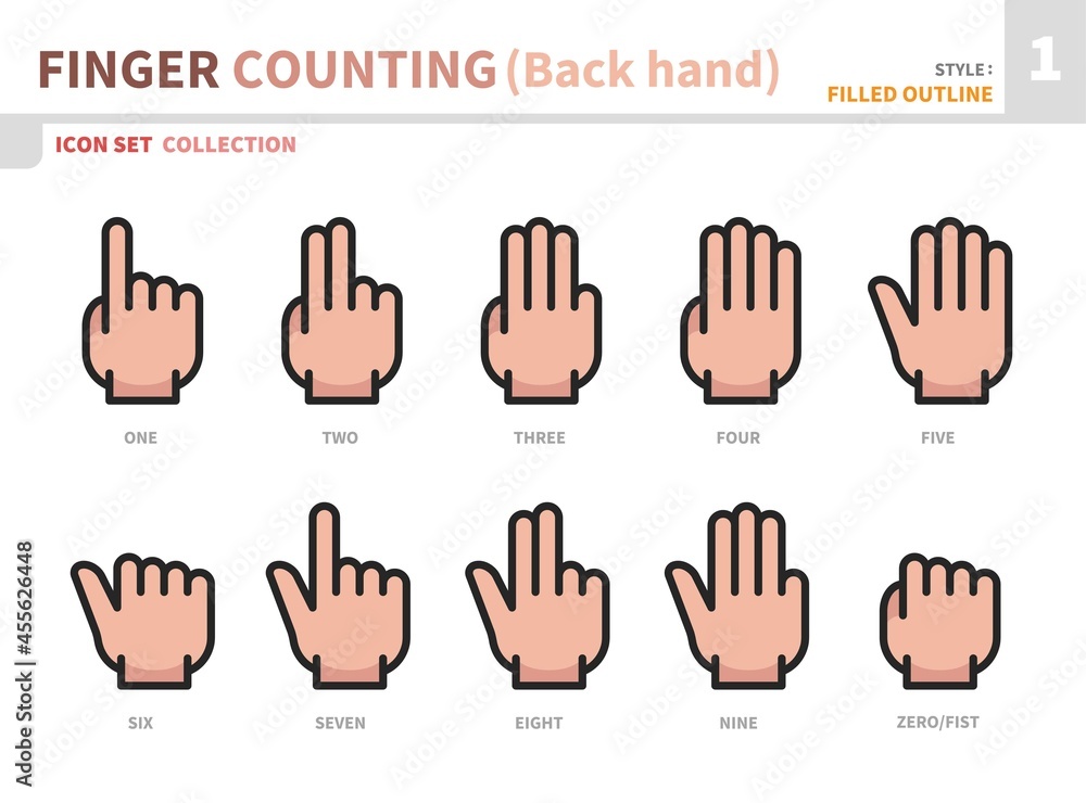 finger counting back hand icon set,filled outline style,vector and illustration finger counting back hand icon set,filled outline style,vector and illustration